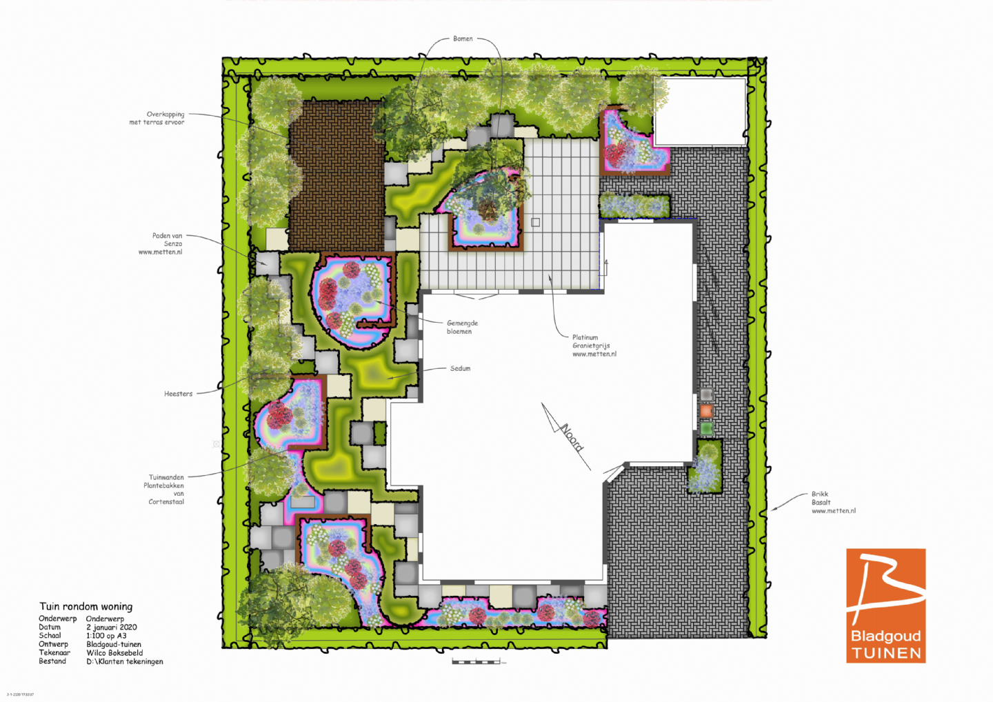 Overkapping, schuurtje en cortenstaal in een tuinontwerp